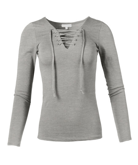 Women's Casual Solid Front Lace Up V-Neck Long Sleeve Top