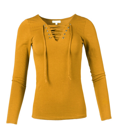 Women's Casual Solid Front Lace Up V-Neck Long Sleeve Top