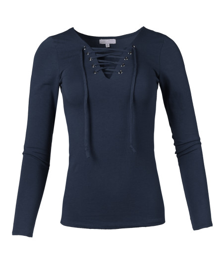 Women's Casual Solid Front Lace Up V-Neck Long Sleeve Top