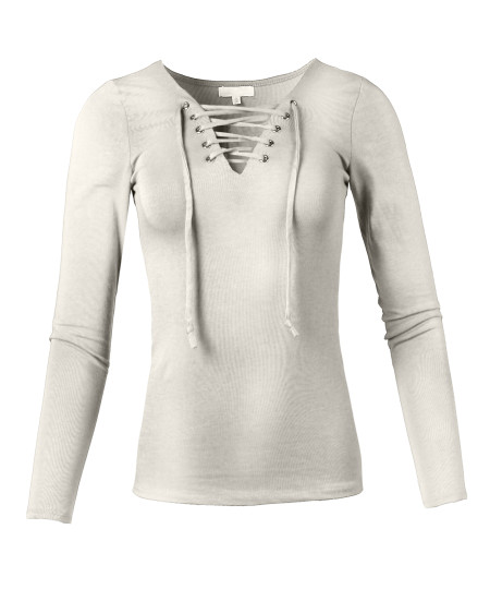 Women's Casual Solid Front Lace Up V-Neck Long Sleeve Top