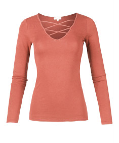 Women's Casual Solid Front Strappy Caged V-Neck Long Sleeve Top