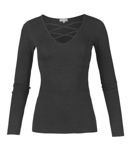 Women's Casual Solid Front Strappy Caged V-Neck Long Sleeve Top