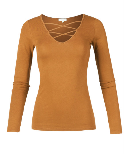 Women's Casual Solid Front Strappy Caged V-Neck Long Sleeve Top