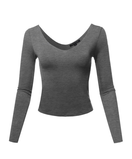 Women's Seamless V Neck Long Sleeve Double Lined Crop Top