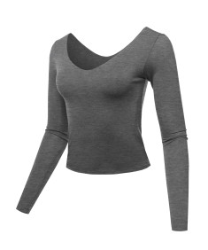 Women's Seamless V Neck Long Sleeve Double Lined Crop Top