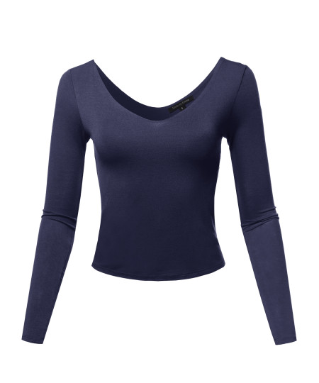 Women's Seamless V Neck Long Sleeve Double Lined Crop Top