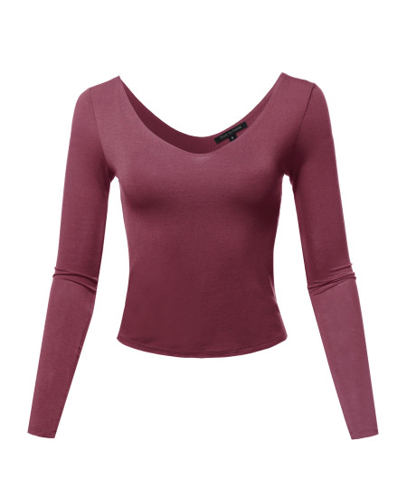 Women's Seamless V Neck Long Sleeve Double Lined Crop Top