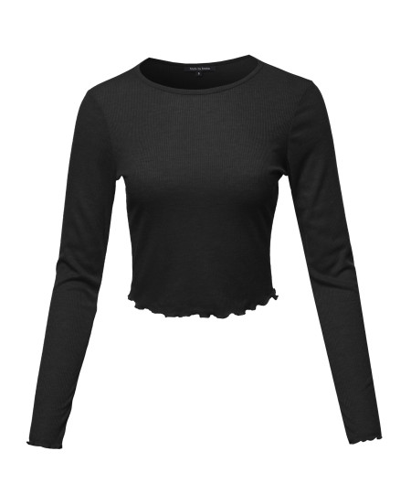 Women's Long Sleeve Ribbed Crew Neck Crop Top With Merrow Edge