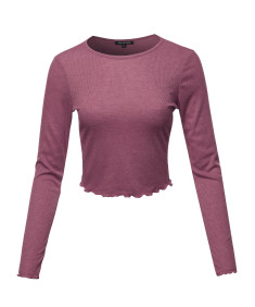 Women's Long Sleeve Ribbed Crew Neck Crop Top With Merrow Edge