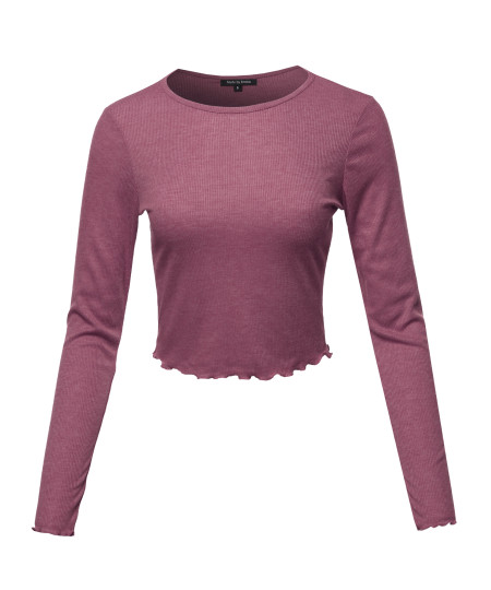 Women's Long Sleeve Ribbed Crew Neck Crop Top With Merrow Edge