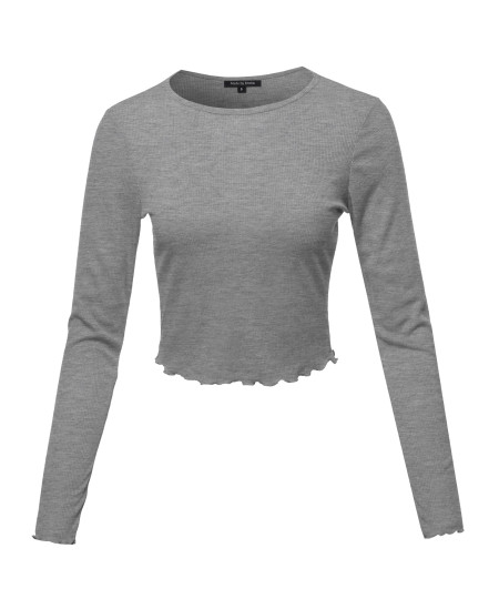 Women's Long Sleeve Ribbed Crew Neck Crop Top With Merrow Edge