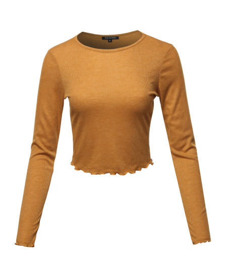 Women's Long Sleeve Ribbed Crew Neck Crop Top With Merrow Edge