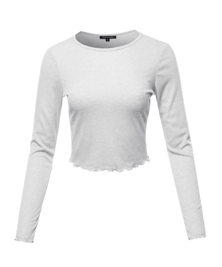 Women's Long Sleeve Ribbed Crew Neck Crop Top With Merrow Edge