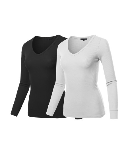 Women's Basic Casual Solid Long Sleeve V-neck Thermal Tops