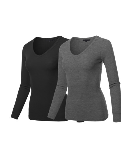 Women's Basic Casual Solid Long Sleeve V-neck Thermal Tops