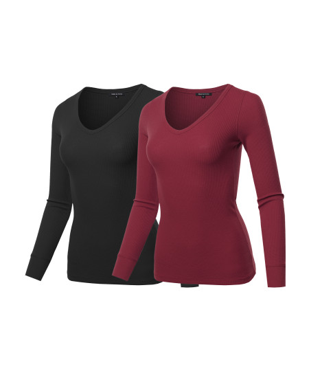 Women's Basic Casual Solid Long Sleeve V-neck Thermal Tops