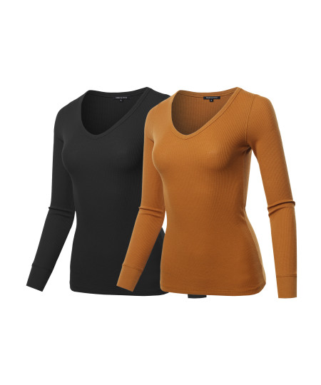 Women's Basic Casual Solid Long Sleeve V-neck Thermal Tops