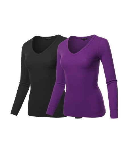 Women's Basic Casual Solid Long Sleeve V-neck Thermal Tops