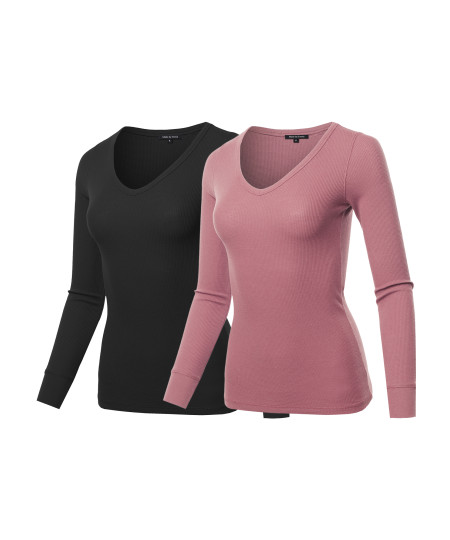 Women's Basic Casual Solid Long Sleeve V-neck Thermal Tops