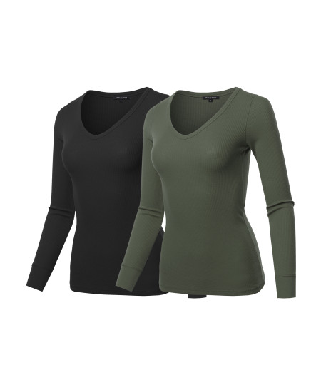 Women's Basic Casual Solid Long Sleeve V-neck Thermal Tops