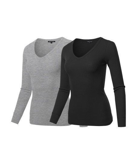 Women's Basic Casual Solid Long Sleeve V-neck Thermal Tops