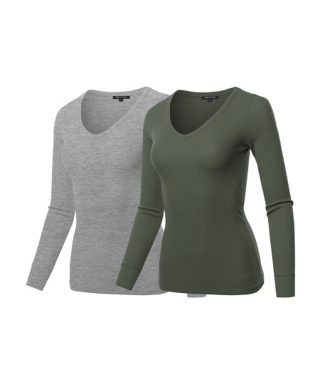 Women's Basic Casual Solid Long Sleeve V-neck Thermal Tops