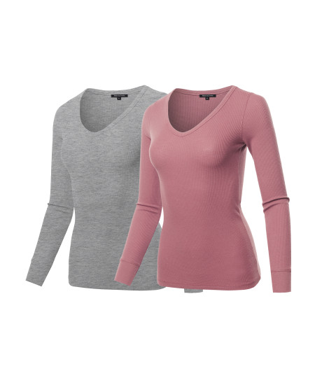 Women's Basic Casual Solid Long Sleeve V-neck Thermal Tops