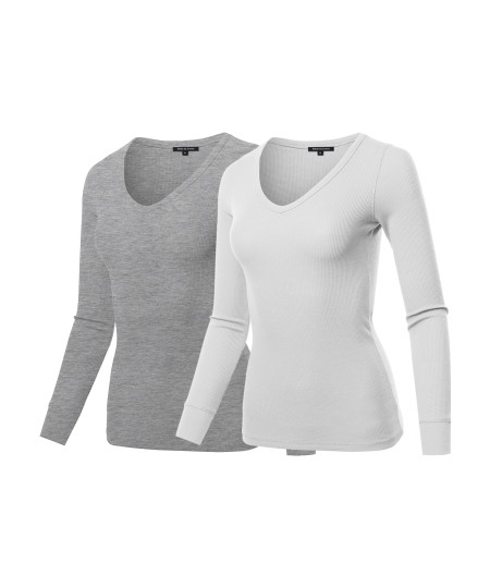 Women's Basic Casual Solid Long Sleeve V-neck Thermal Tops