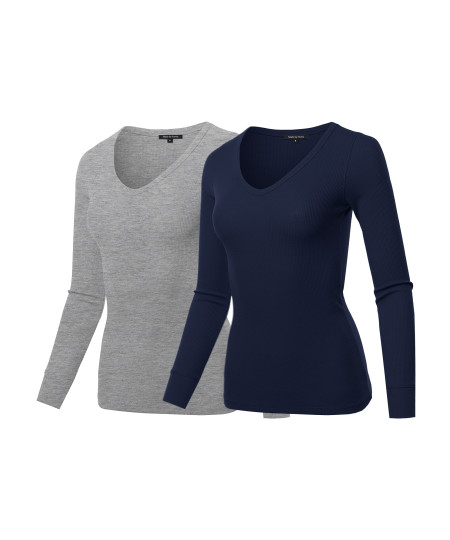 Women's Basic Casual Solid Long Sleeve V-neck Thermal Tops