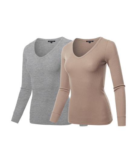 Women's Basic Casual Solid Long Sleeve V-neck Thermal Tops