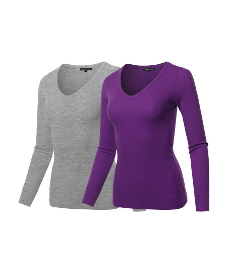 Women's Basic Casual Solid Long Sleeve V-neck Thermal Tops