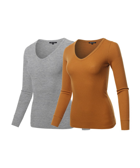 Women's Basic Casual Solid Long Sleeve V-neck Thermal Tops