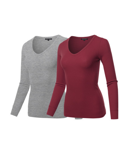 Women's Basic Casual Solid Long Sleeve V-neck Thermal Tops