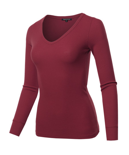 Women's Basic Casual Solid Long Sleeve V-neck Thermal Tops