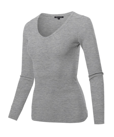 Women's Basic Casual Solid Long Sleeve V-neck Thermal Tops