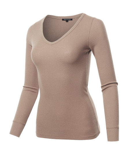 Women's Basic Casual Solid Long Sleeve V-neck Thermal Tops