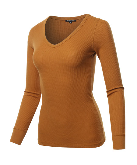 Women's Basic Casual Solid Long Sleeve V-neck Thermal Tops