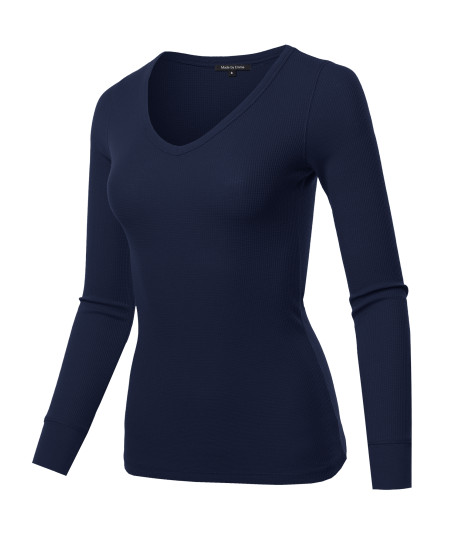 Women's Basic Casual Solid Long Sleeve V-neck Thermal Tops