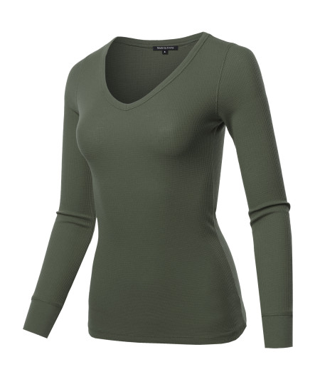 Women's Basic Casual Solid Long Sleeve V-neck Thermal Tops