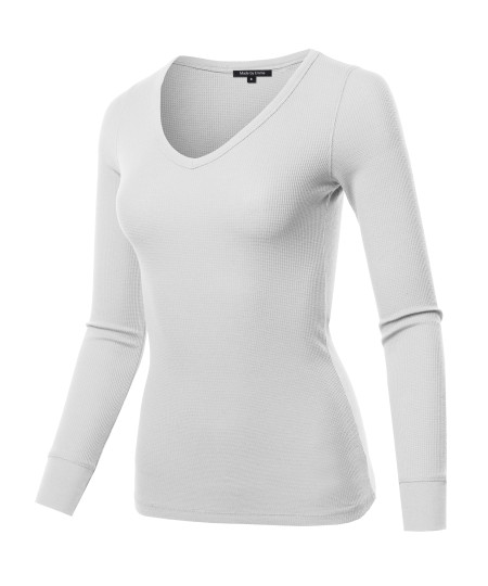 Women's Basic Casual Solid Long Sleeve V-neck Thermal Tops