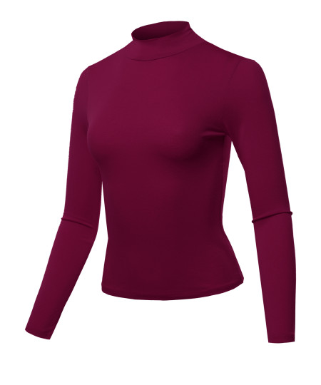 Women's Solid Lightweight Long Sleeve Mock Neck Crepe Jersey Top(S-3XL)