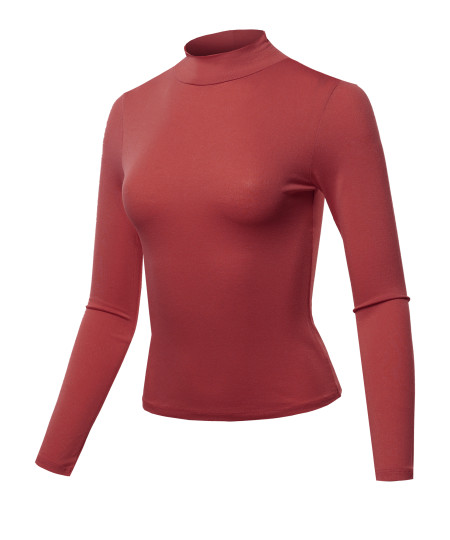 Women's Solid Lightweight Long Sleeve Mock Neck Crepe Jersey Top(S-3XL)