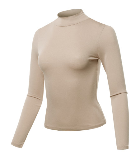 Women's Solid Lightweight Long Sleeve Mock Neck Crepe Jersey Top(S-3XL)
