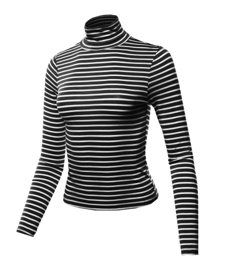 Women's Casual Stretchable Stripe Turtle Neck Long Sleeve Top