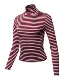 Women's Casual Stretchable Stripe Turtle Neck Long Sleeve Top