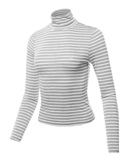 Women's Casual Stretchable Stripe Turtle Neck Long Sleeve Top