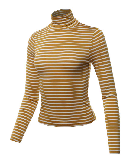 Women's Casual Stretchable Stripe Turtle Neck Long Sleeve Top