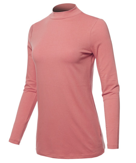 Women's Basic Cotton Mock Neck Long Sleeve Top