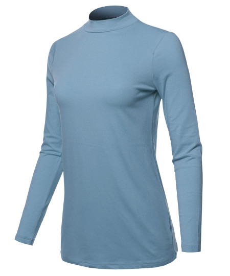 Women's Basic Cotton Mock Neck Long Sleeve Top