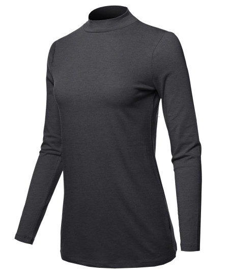 Women's Basic Cotton Mock Neck Long Sleeve Top